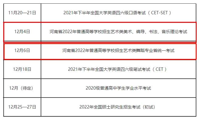 2022年河南省艺术类统考报名考试时间联考大纲