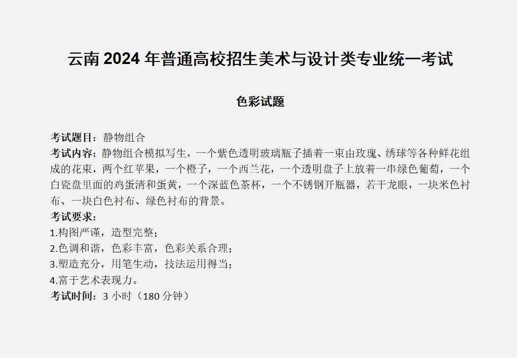 2024年云南省美术统考真题,2024云南美术考题